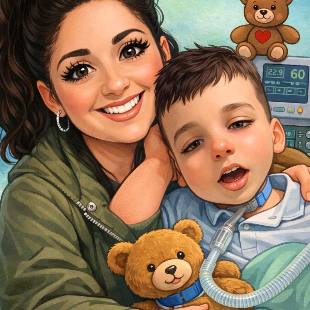 Illustration of Char Char smiling and cuddling Teddy, who is holding a teddy bear.