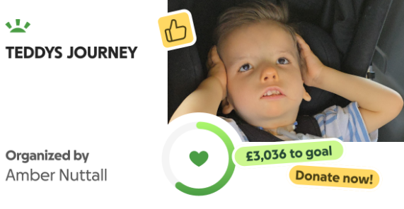 Teddy's Journey fundraiser share card showing £3,036 to goal